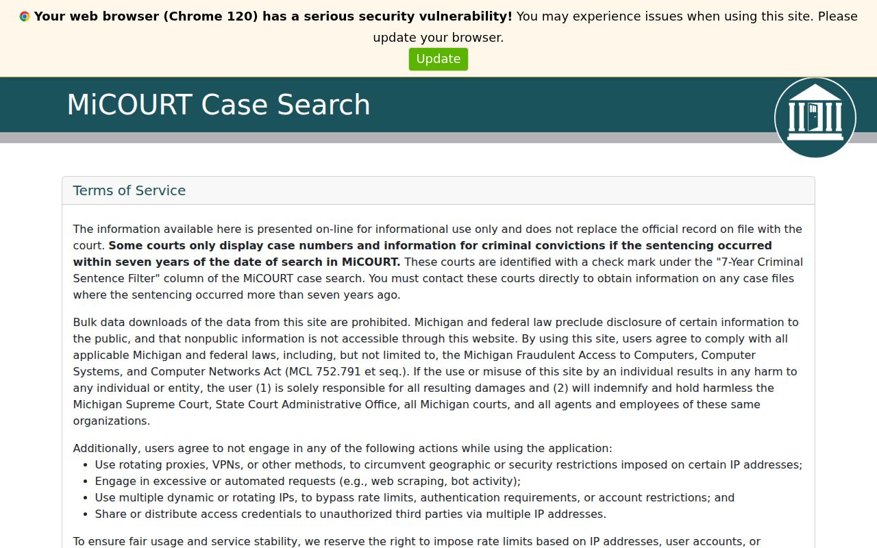 Eaton County case search MiCOURT filter controls