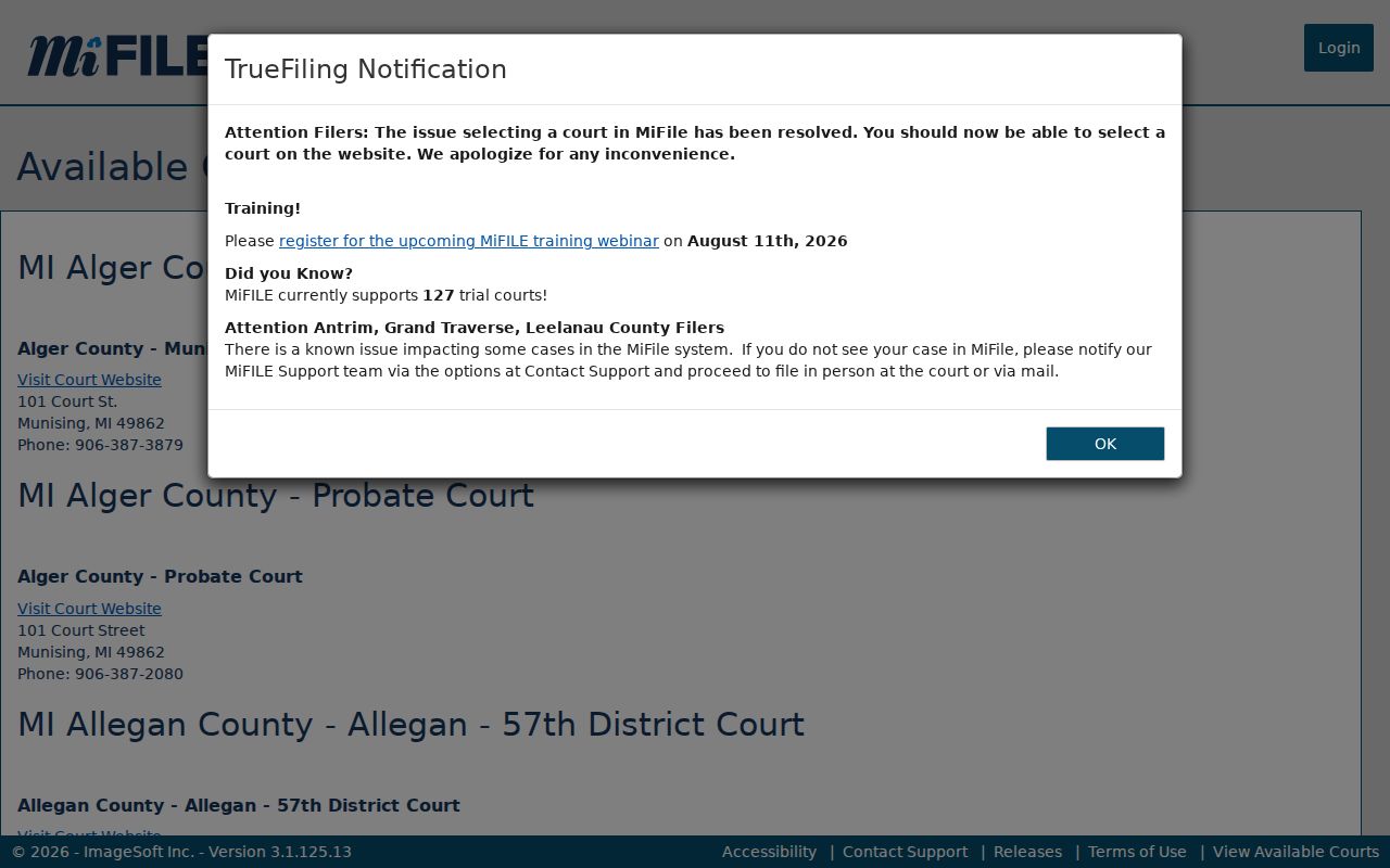 Eaton County civil court docket filing source showing MiFILE available courts