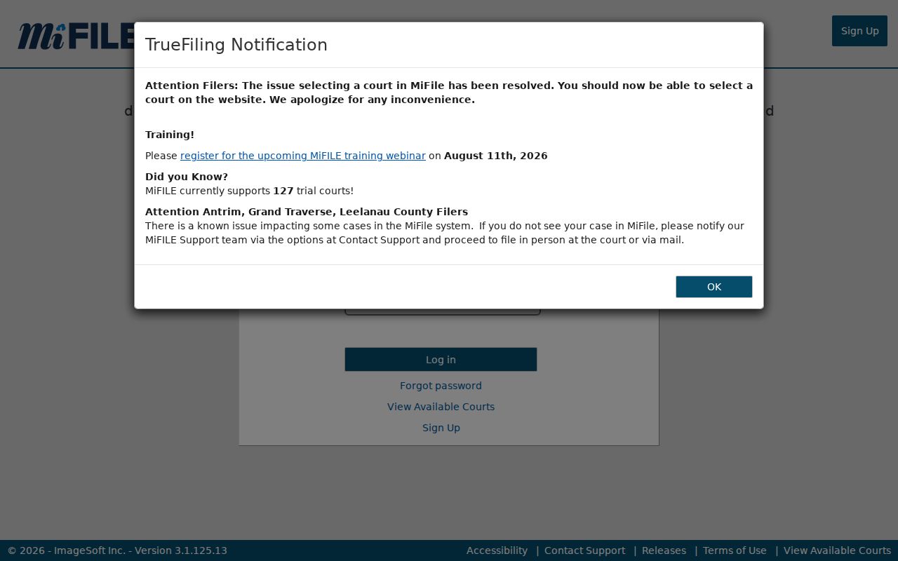 Eaton County civil court docket filing source showing the MiFILE sign-in screen