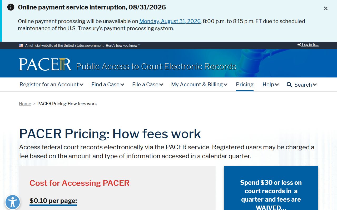 Eaton County court docket boundary with PACER public-access fee information