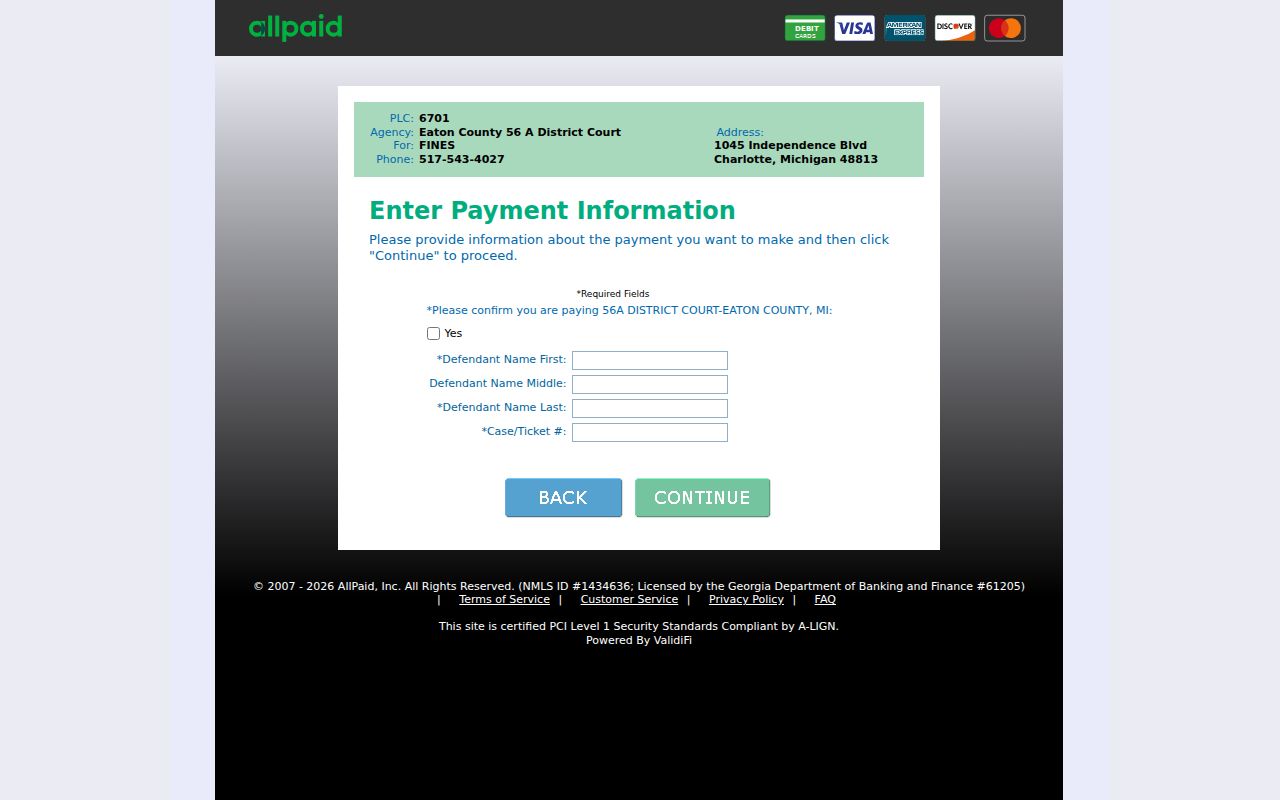 Eaton County traffic court records AllPaid payment form